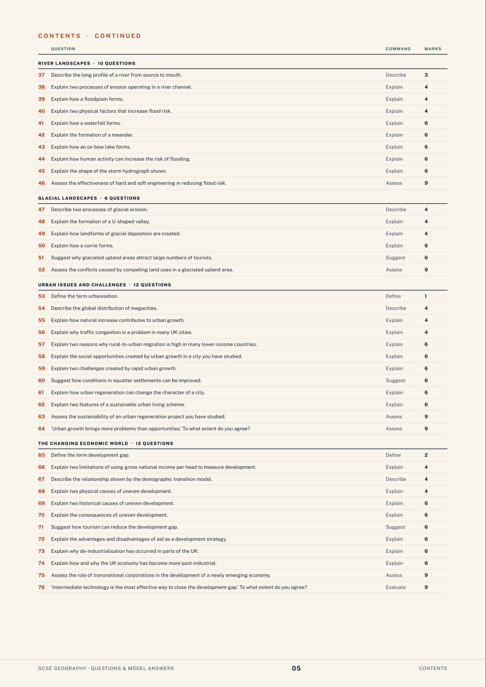 Contents · GCSE Geography Questions & Model Answers, page 5