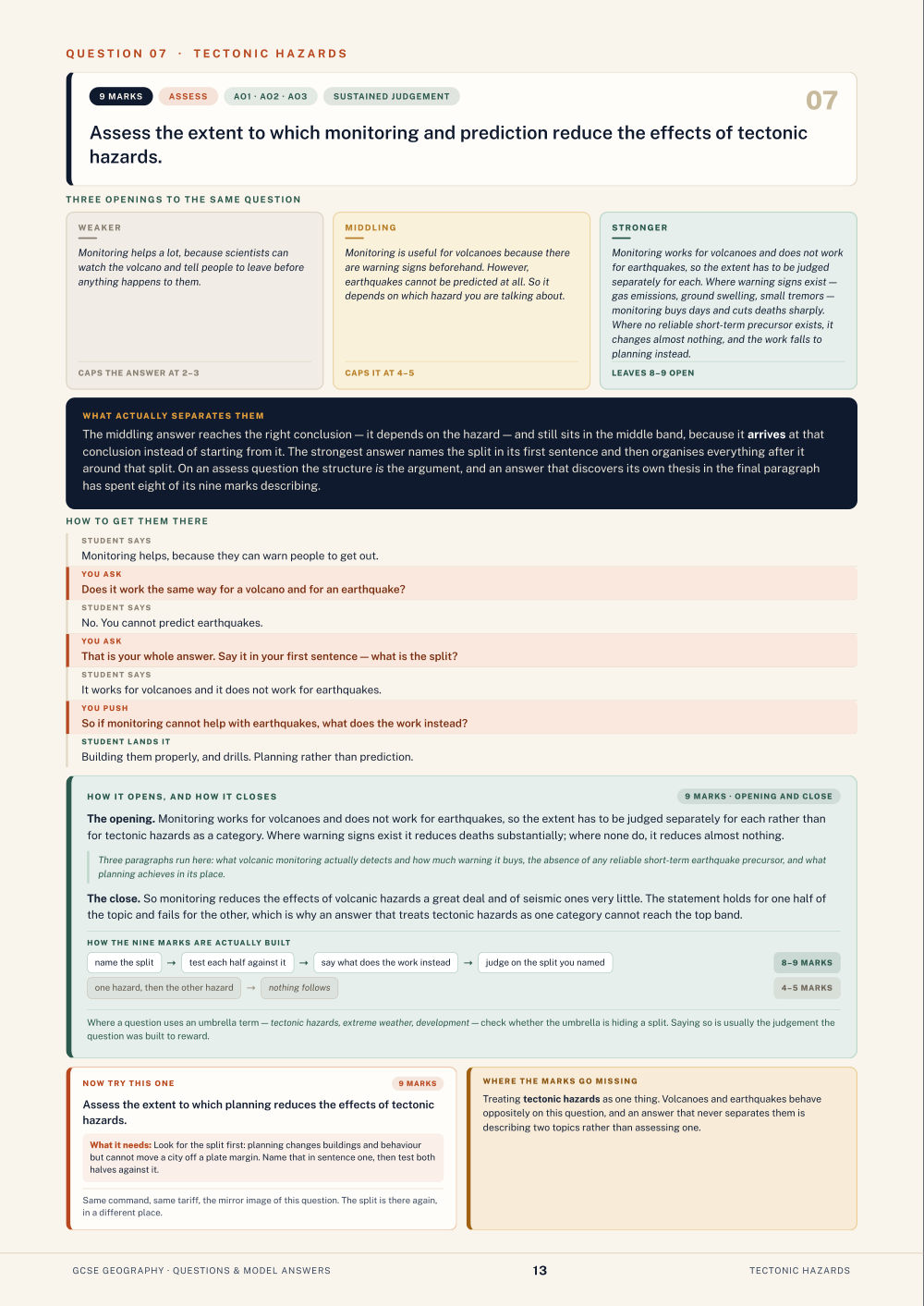 Question 07 · Tectonic hazards · GCSE Geography Questions & Model Answers, page 13