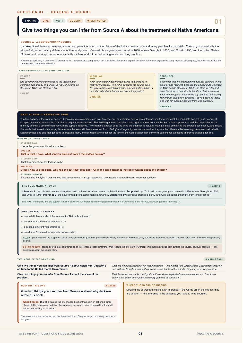 Question 01 · Reading a source · GCSE History Questions & Model Answers, page 3