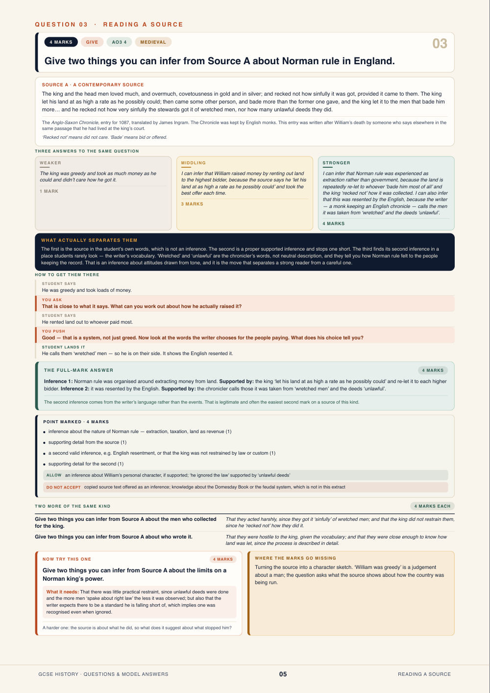 Question 03 · Reading a source · GCSE History Questions & Model Answers, page 5