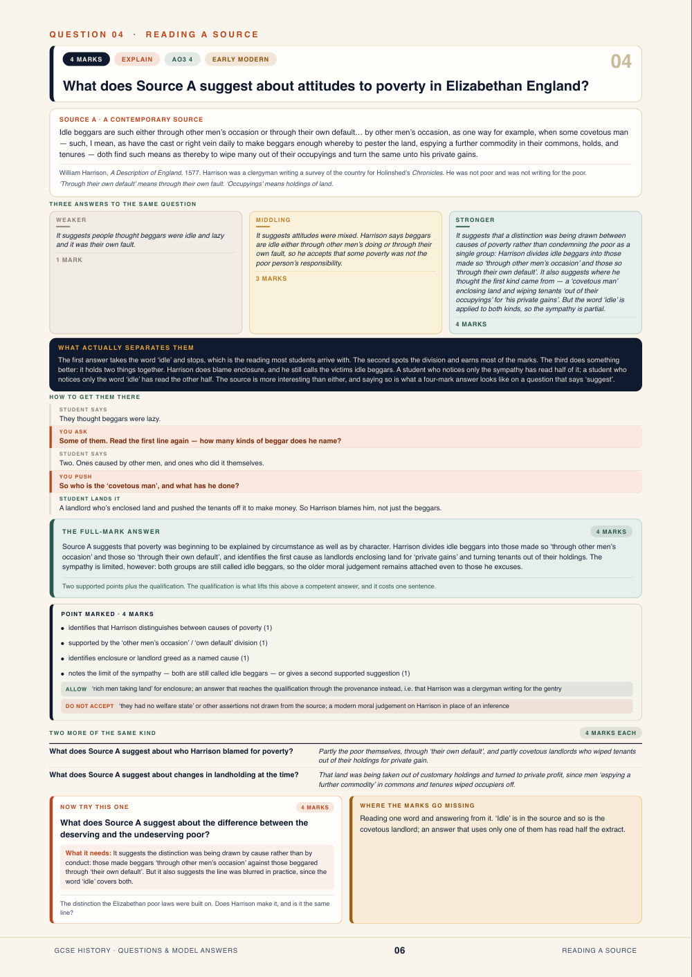 Question 04 · Reading a source · GCSE History Questions & Model Answers, page 6
