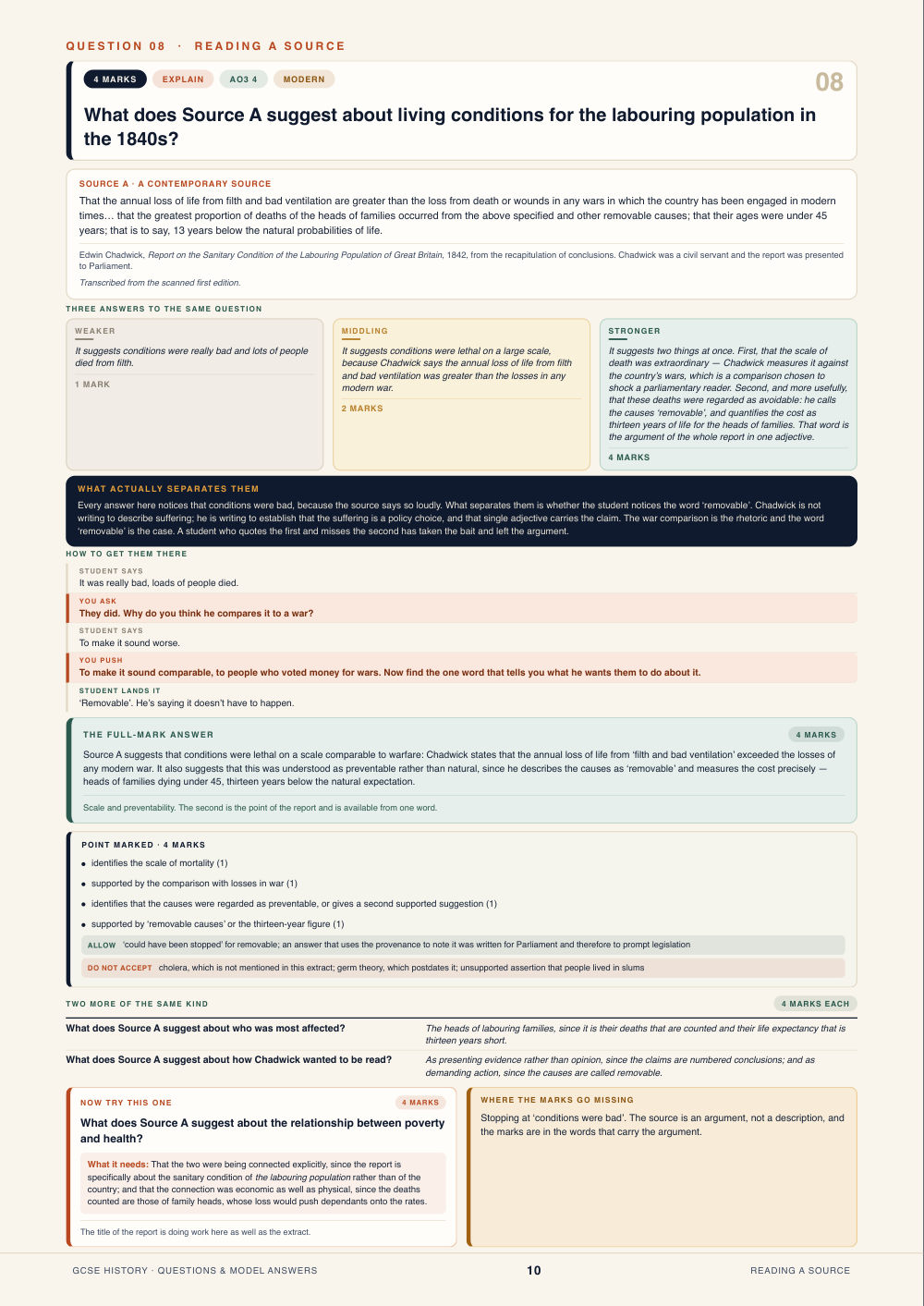 Question 08 · Reading a source · GCSE History Questions & Model Answers, page 10