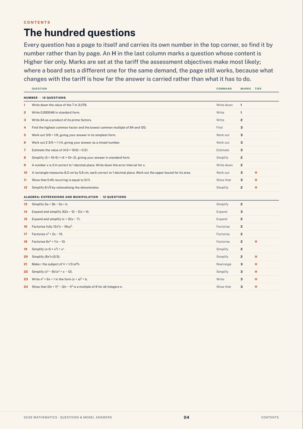Contents · GCSE Mathematics Questions & Model Answers, page 4