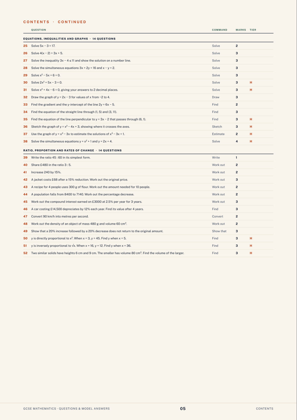 Contents · GCSE Mathematics Questions & Model Answers, page 5
