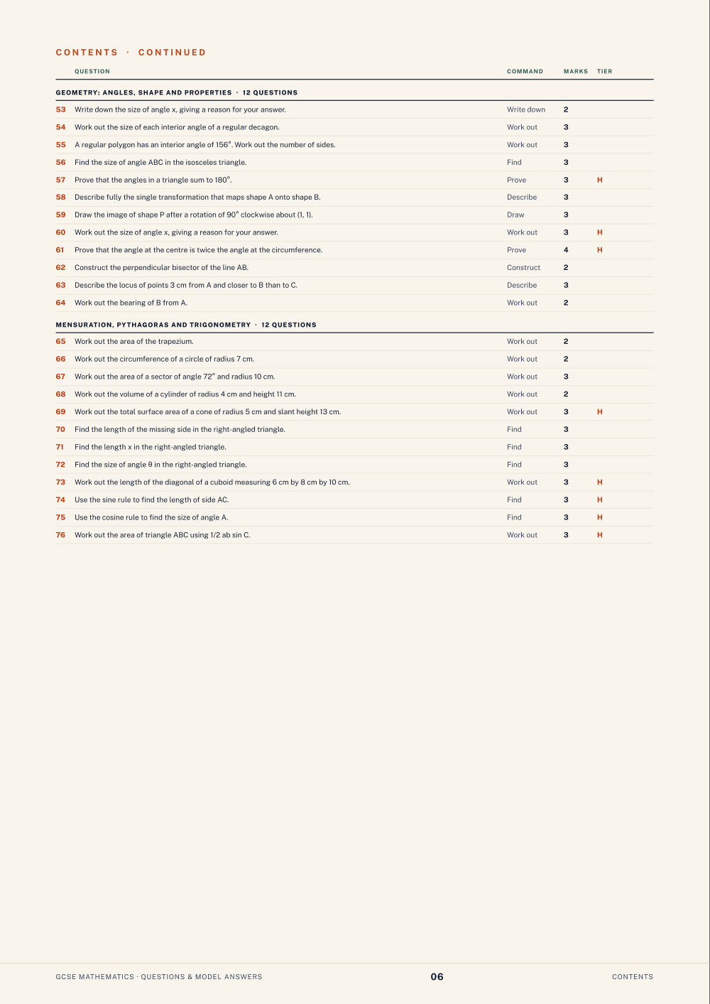 Contents · GCSE Mathematics Questions & Model Answers, page 6