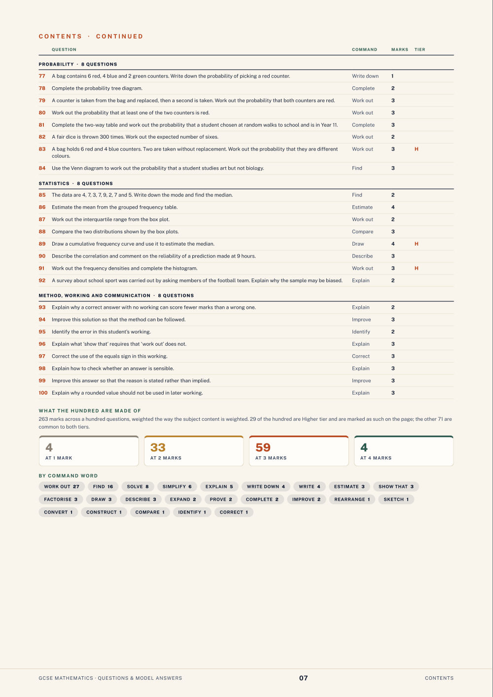 Contents · GCSE Mathematics Questions & Model Answers, page 7