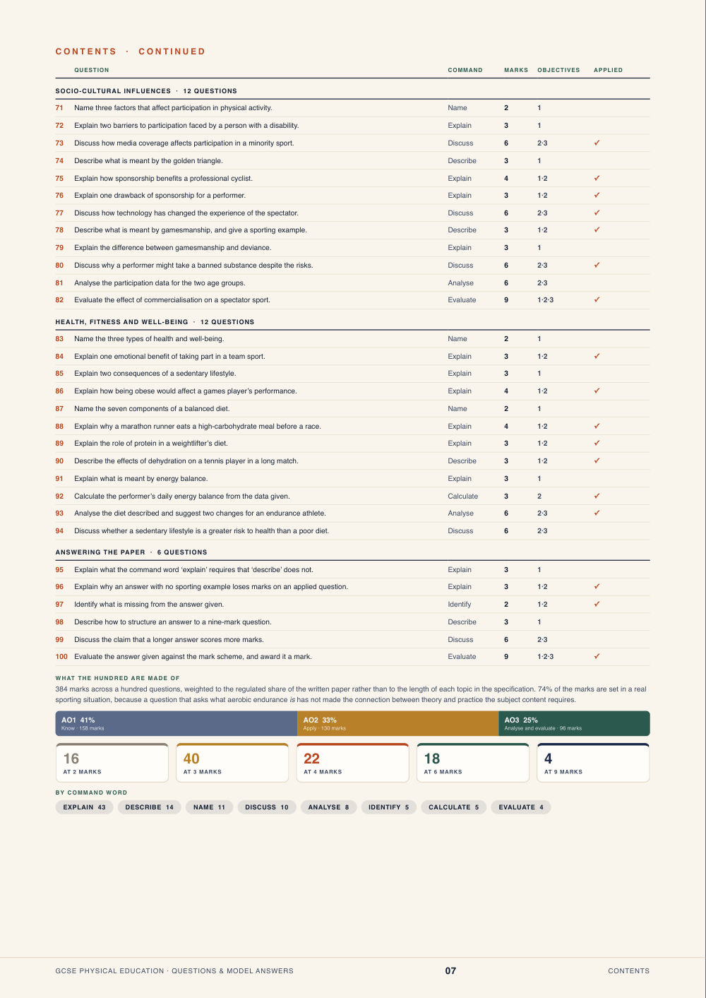 Contents · GCSE Physical Education Questions & Model Answers, page 7
