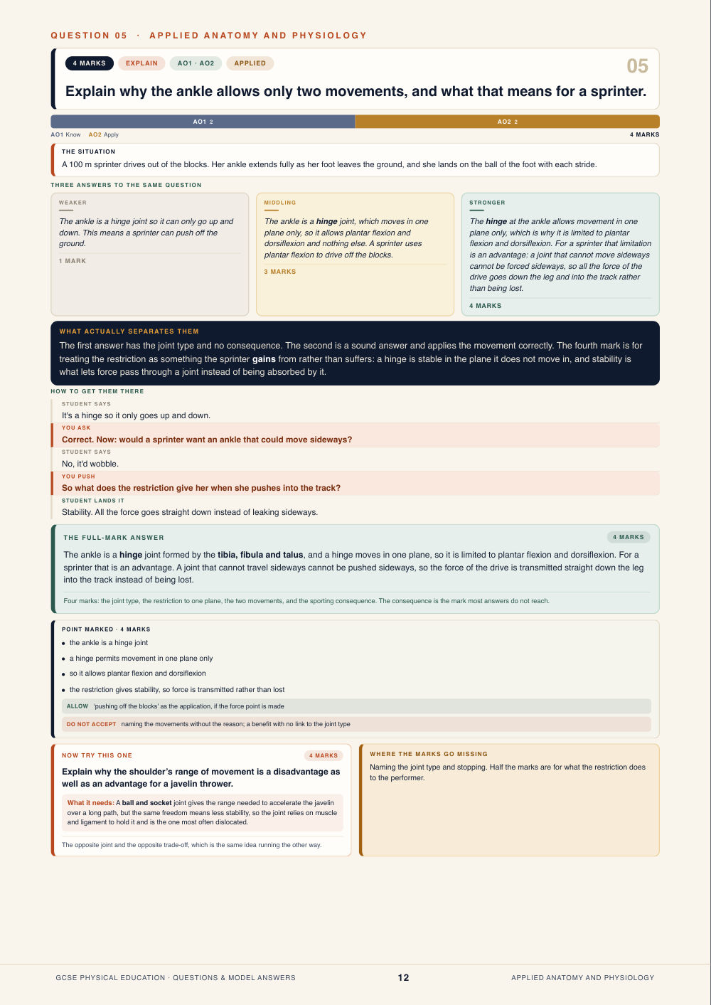 Question 05 · Applied anatomy and physiology · GCSE Physical Education Questions & Model Answers, page 12
