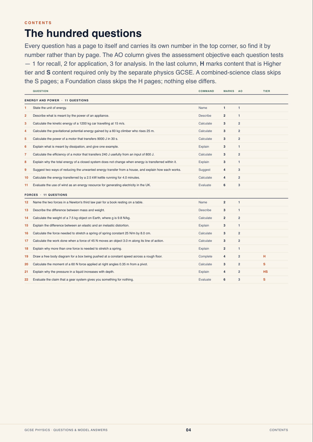 Contents · GCSE Physics Questions & Model Answers, page 4
