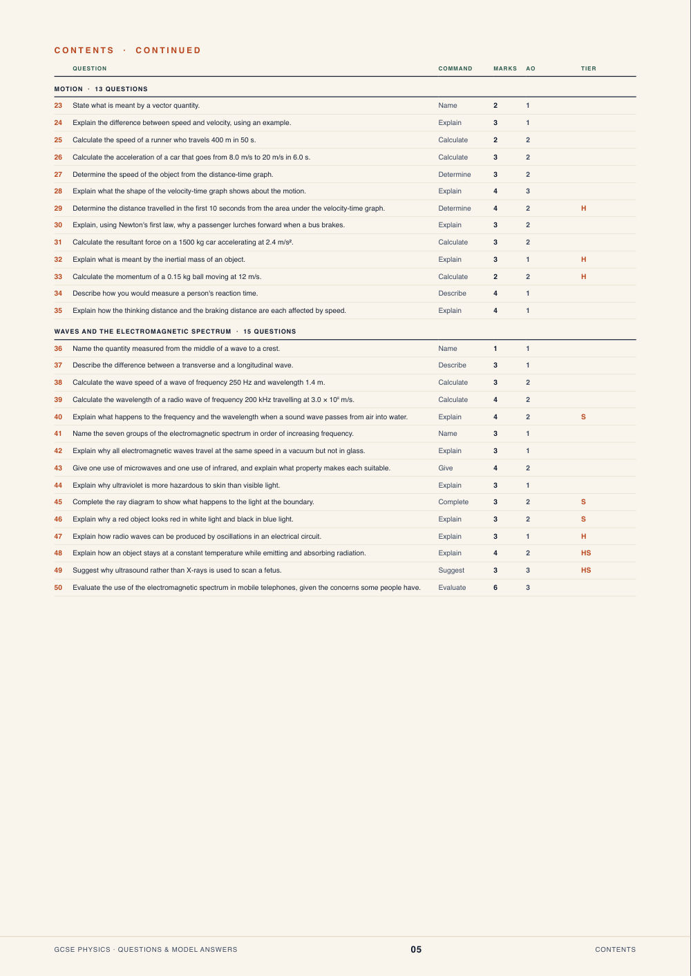 Contents · GCSE Physics Questions & Model Answers, page 5