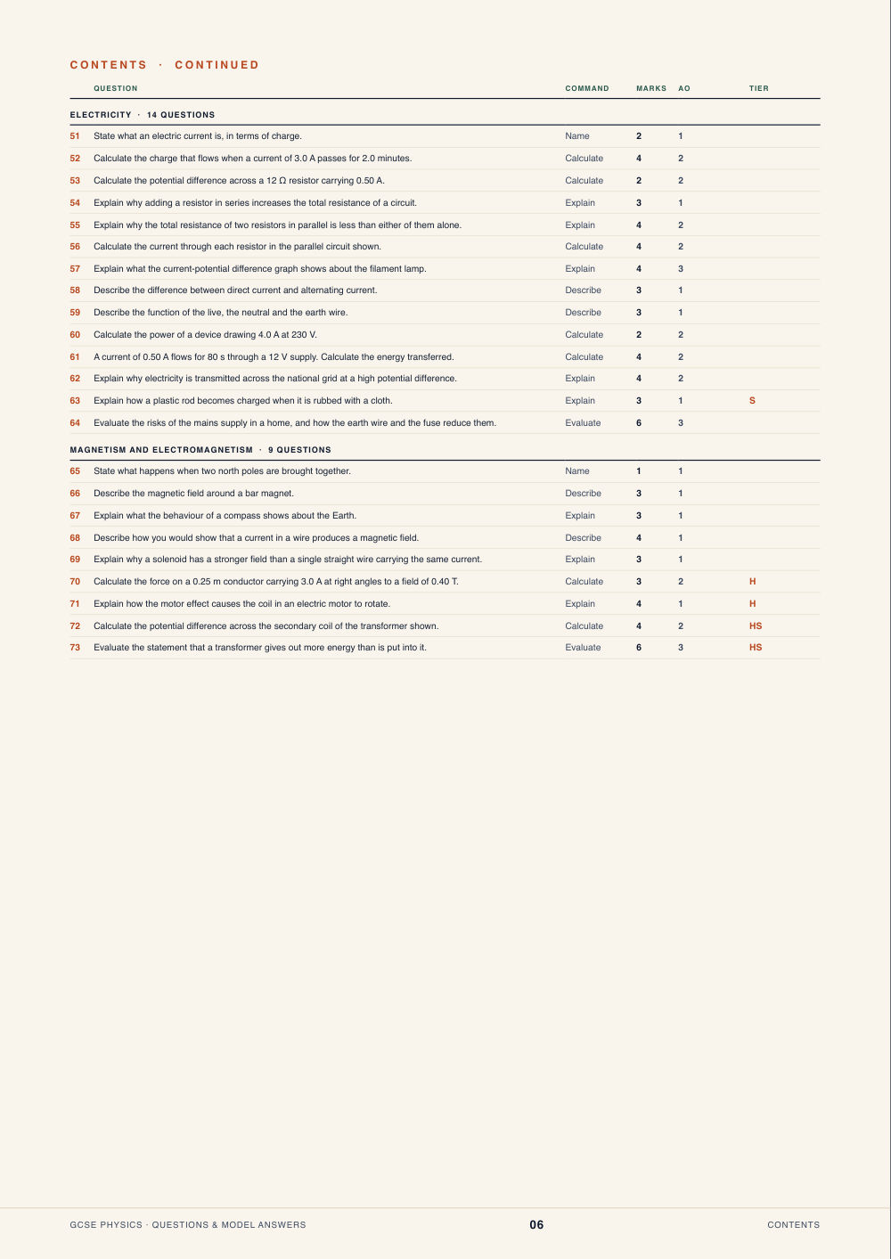 Contents · GCSE Physics Questions & Model Answers, page 6