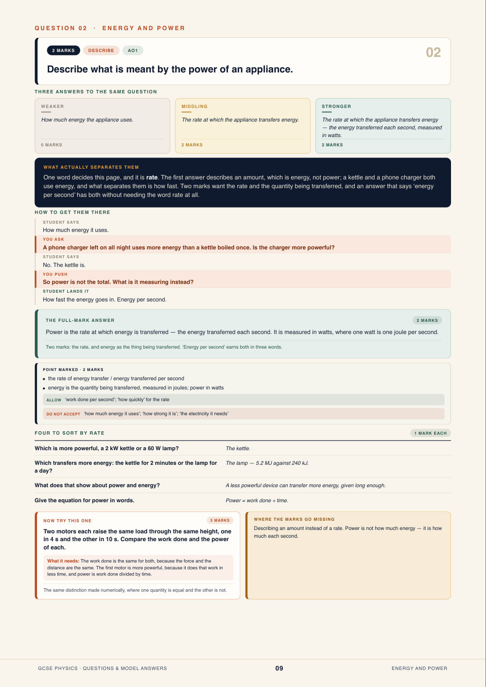 Question 02 · Energy and power · GCSE Physics Questions & Model Answers, page 9