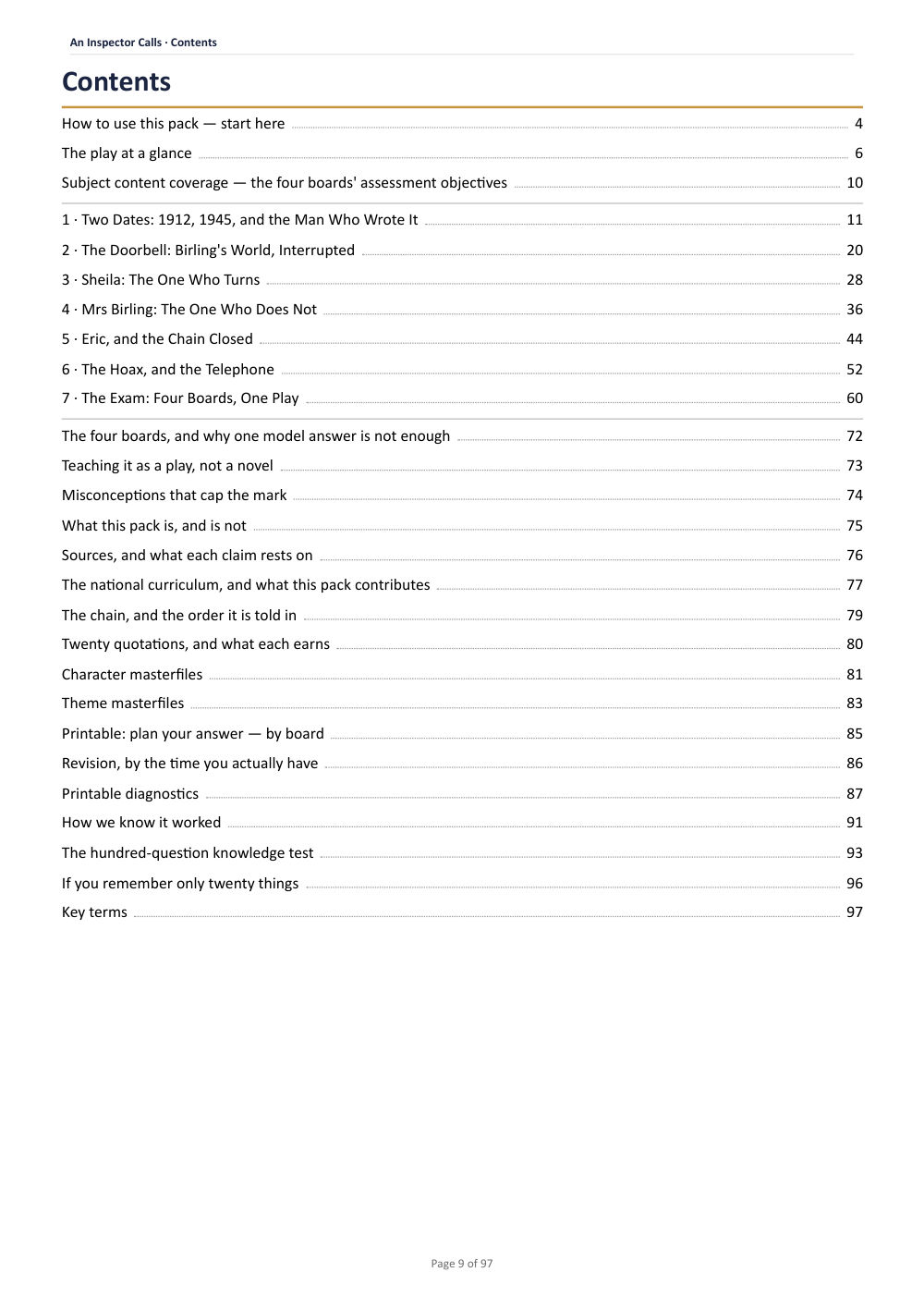 Contents · An Inspector Calls: The Complete Teacher Pack, page 9