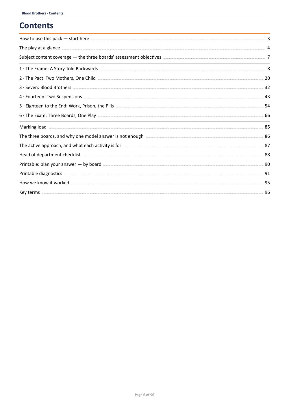 Contents · Blood Brothers: The Complete Teacher Pack, page 6