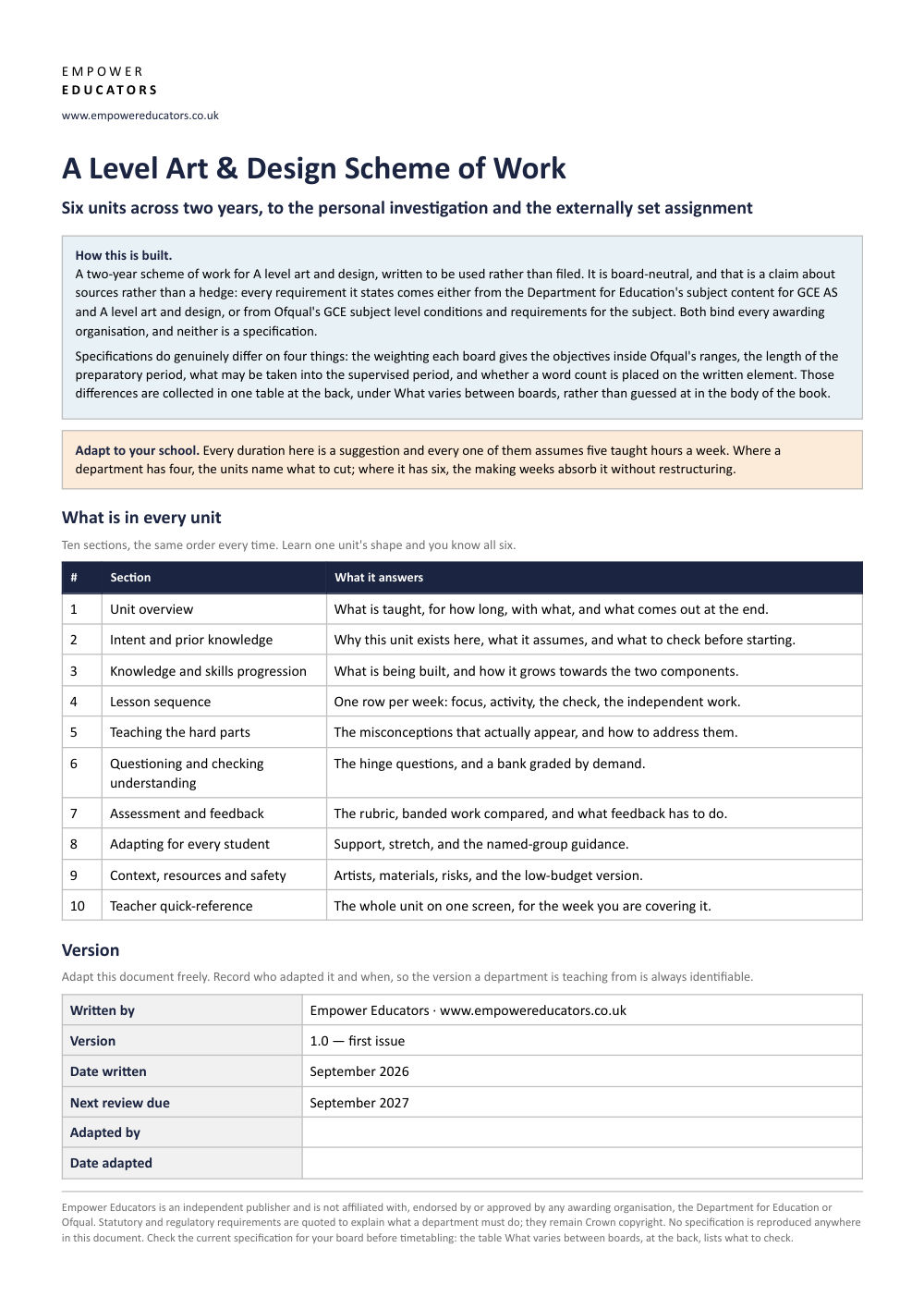 Page 1 of A Level Art & Design Scheme of Work