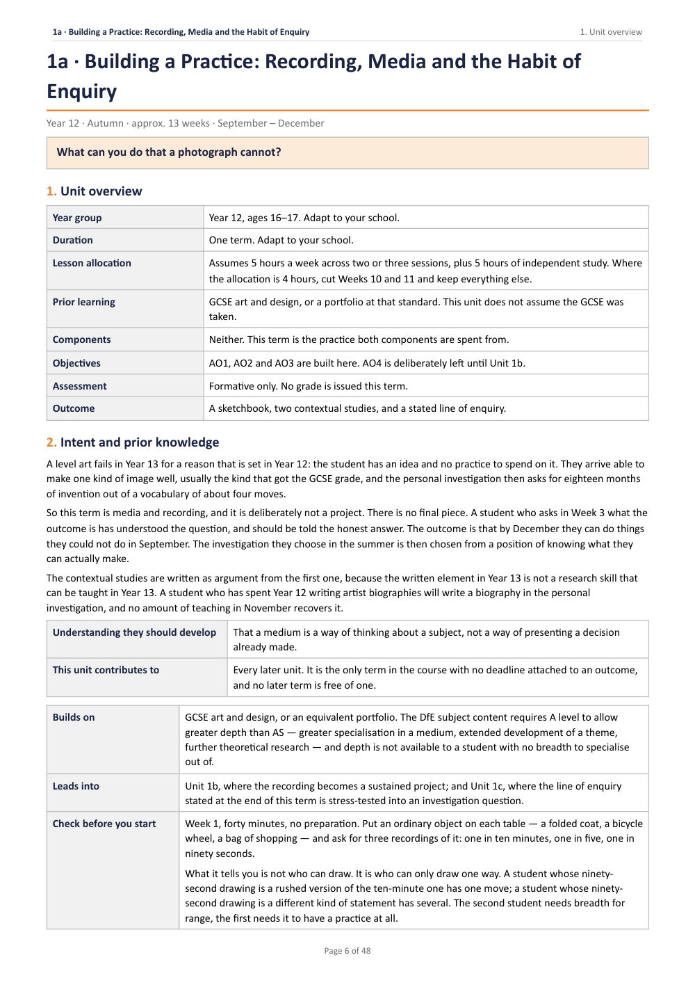 1A · Building a Practice: Recording, Media and the Habit of Enquiry · A Level Art & Design Scheme of Work, page 6