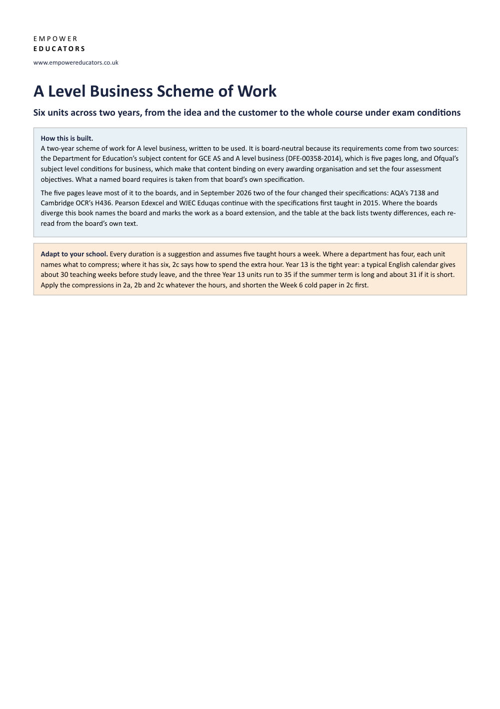 Page 1 of A Level Business Scheme of Work