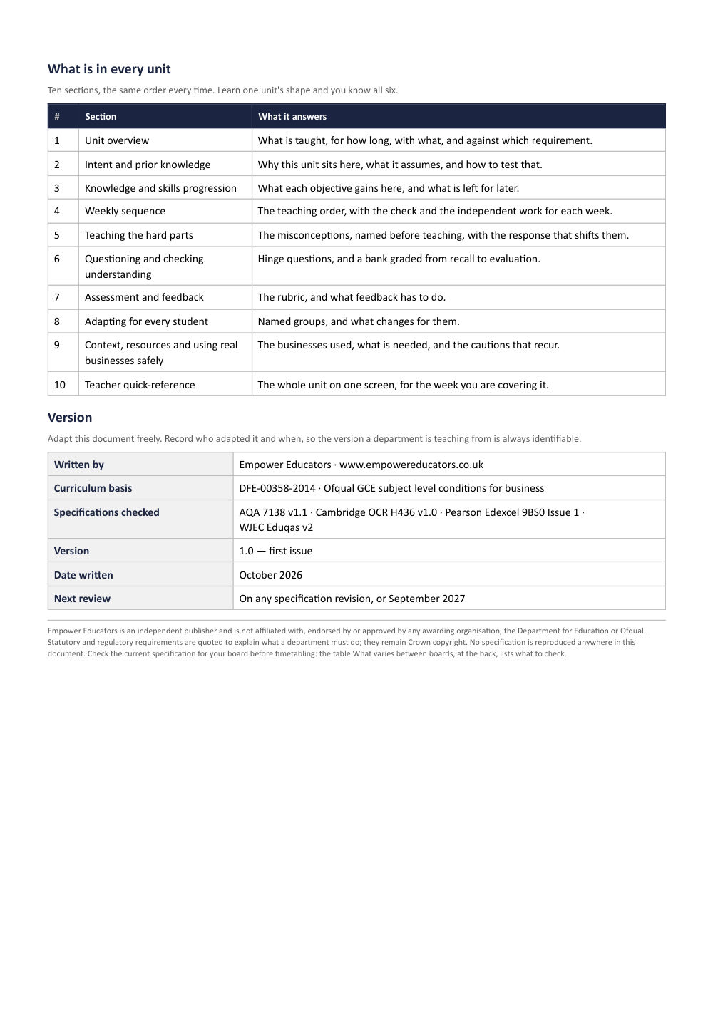 Page 2 of A Level Business Scheme of Work