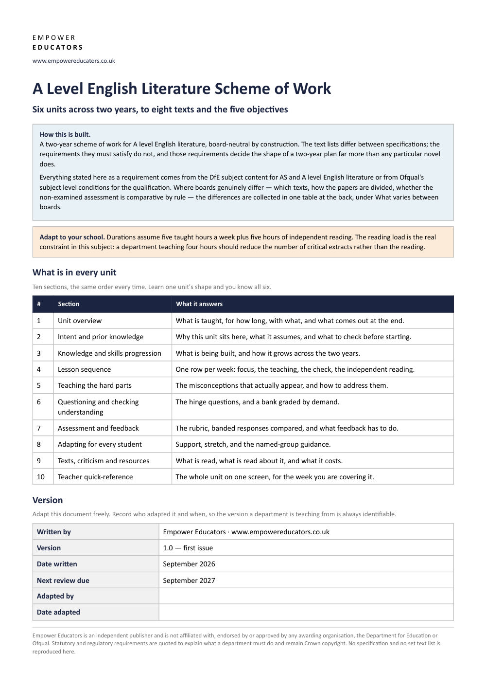 Page 1 of A Level English Literature Scheme of Work