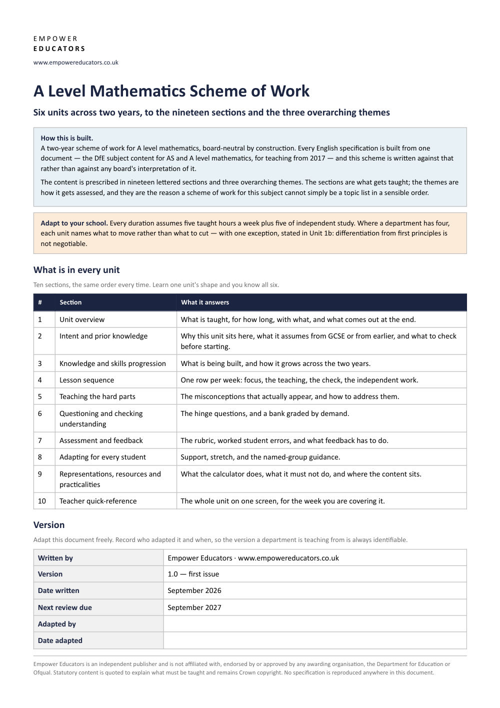 Page 1 of A Level Mathematics Scheme of Work