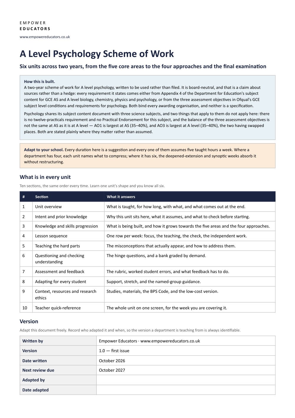 Page 1 of A Level Psychology Scheme of Work