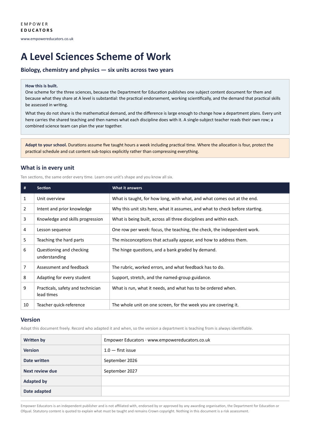 Page 1 of A Level Sciences Scheme of Work