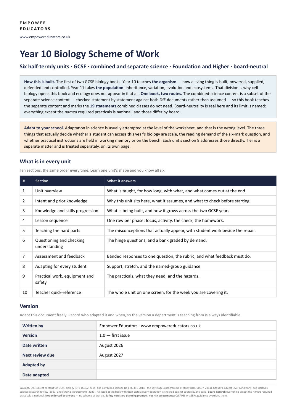Page 1 of Year 10 Biology Scheme of Work