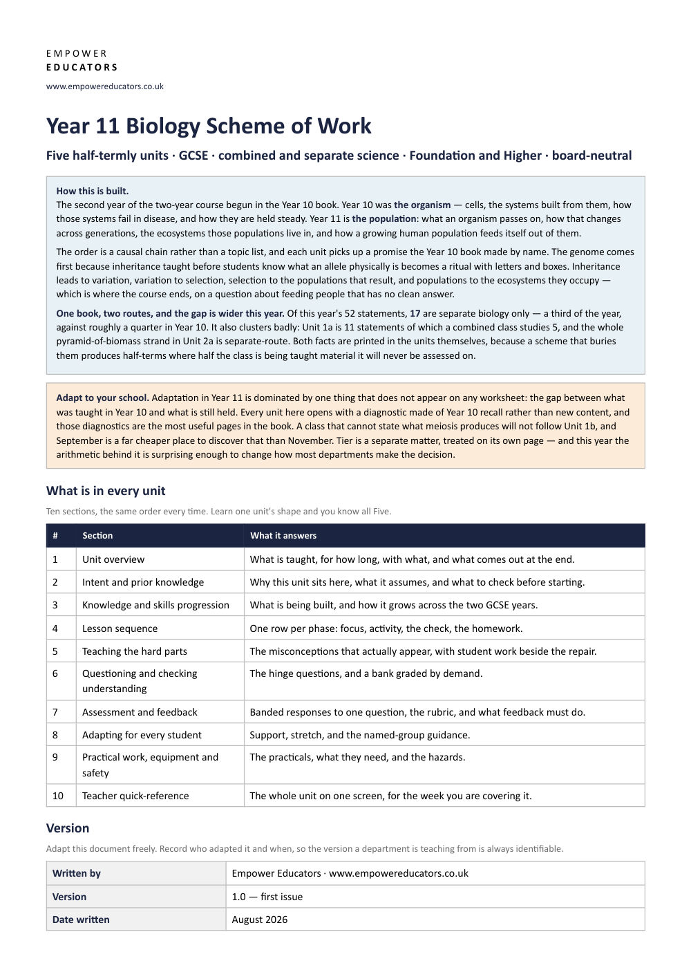 Page 1 of Year 11 Biology Scheme of Work