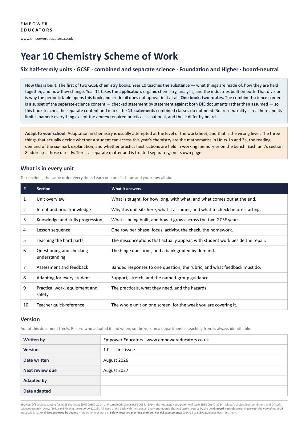 Page 1 of Year 10 Chemistry Scheme of Work