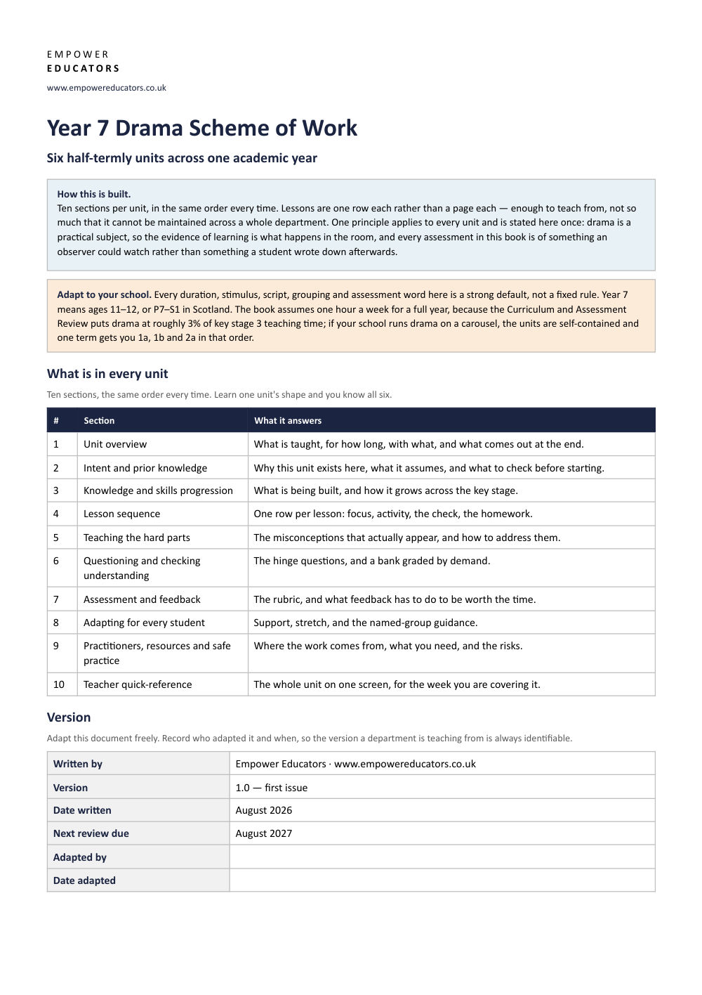 Page 1 of Year 7 Drama Scheme of Work