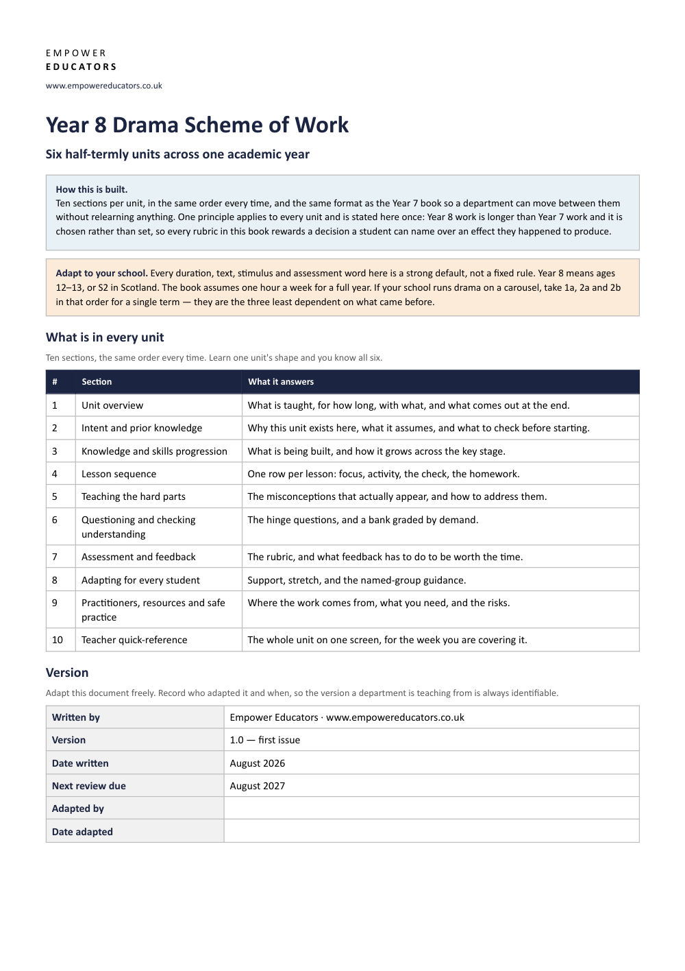Page 1 of Year 8 Drama Scheme of Work