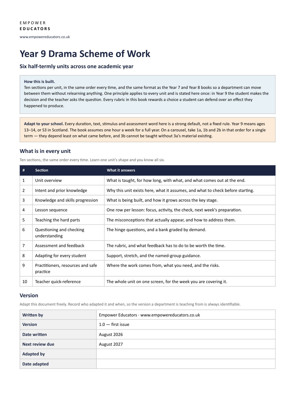 Page 1 of Year 9 Drama Scheme of Work