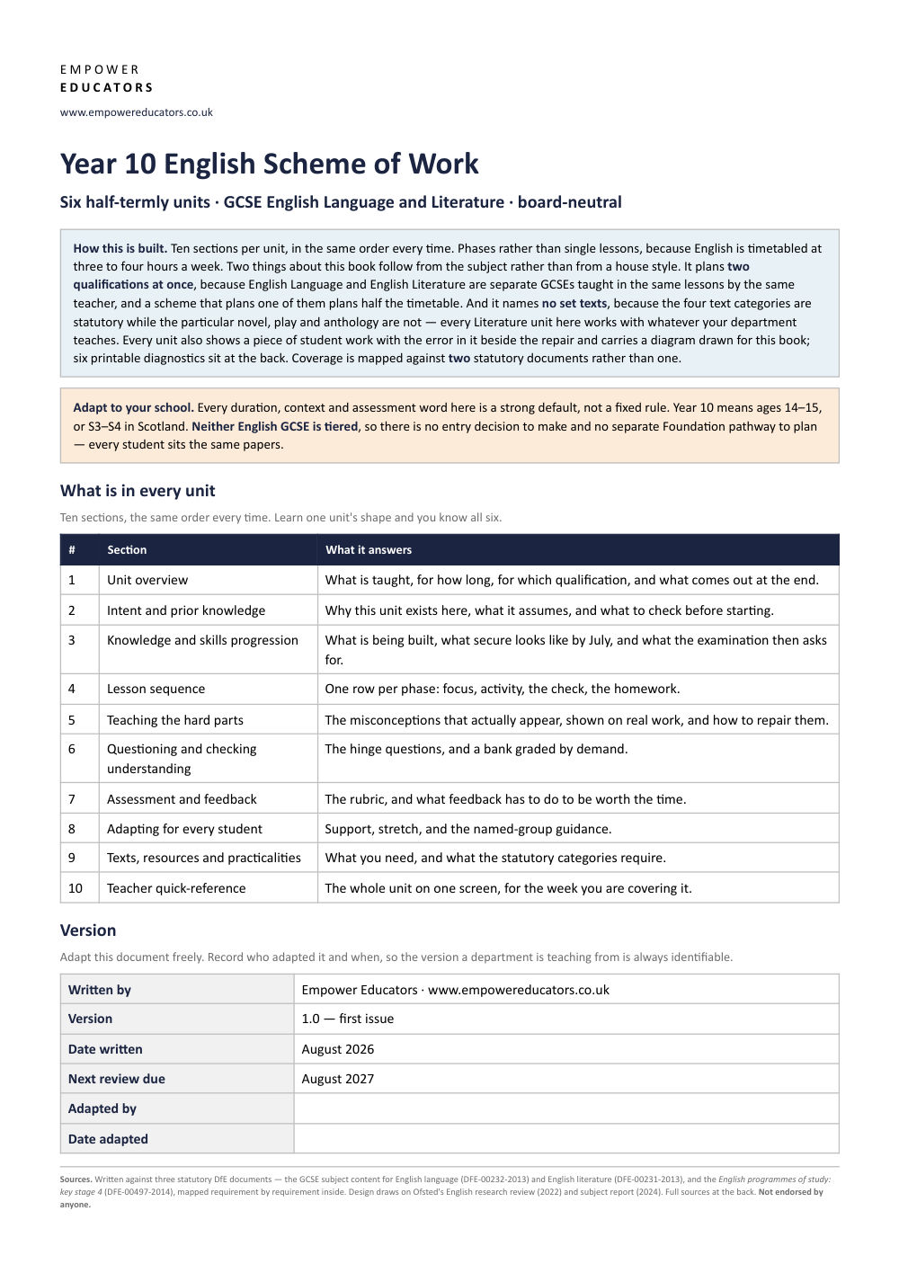 Page 1 of Year 10 English Scheme of Work