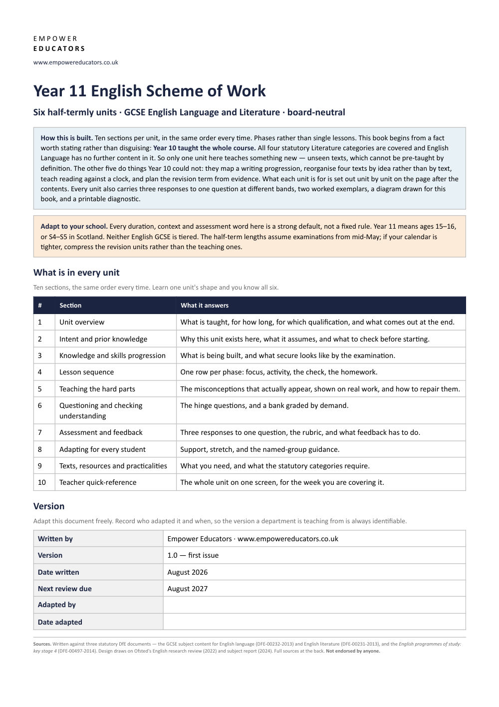Page 1 of Year 11 English Scheme of Work