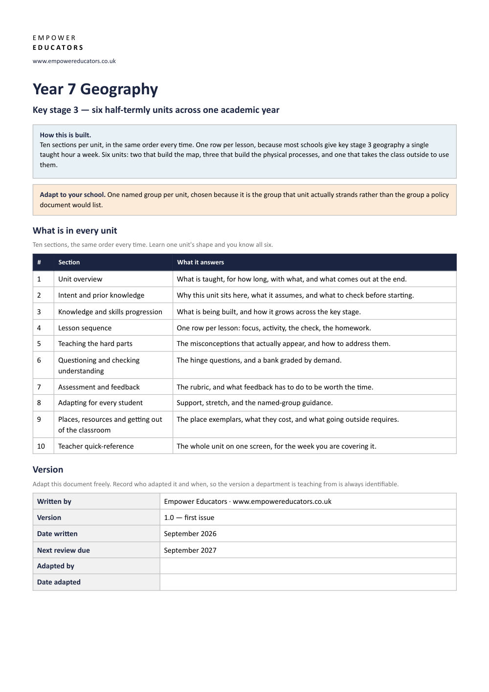 Page 1 of Year 7 Geography Scheme of Work