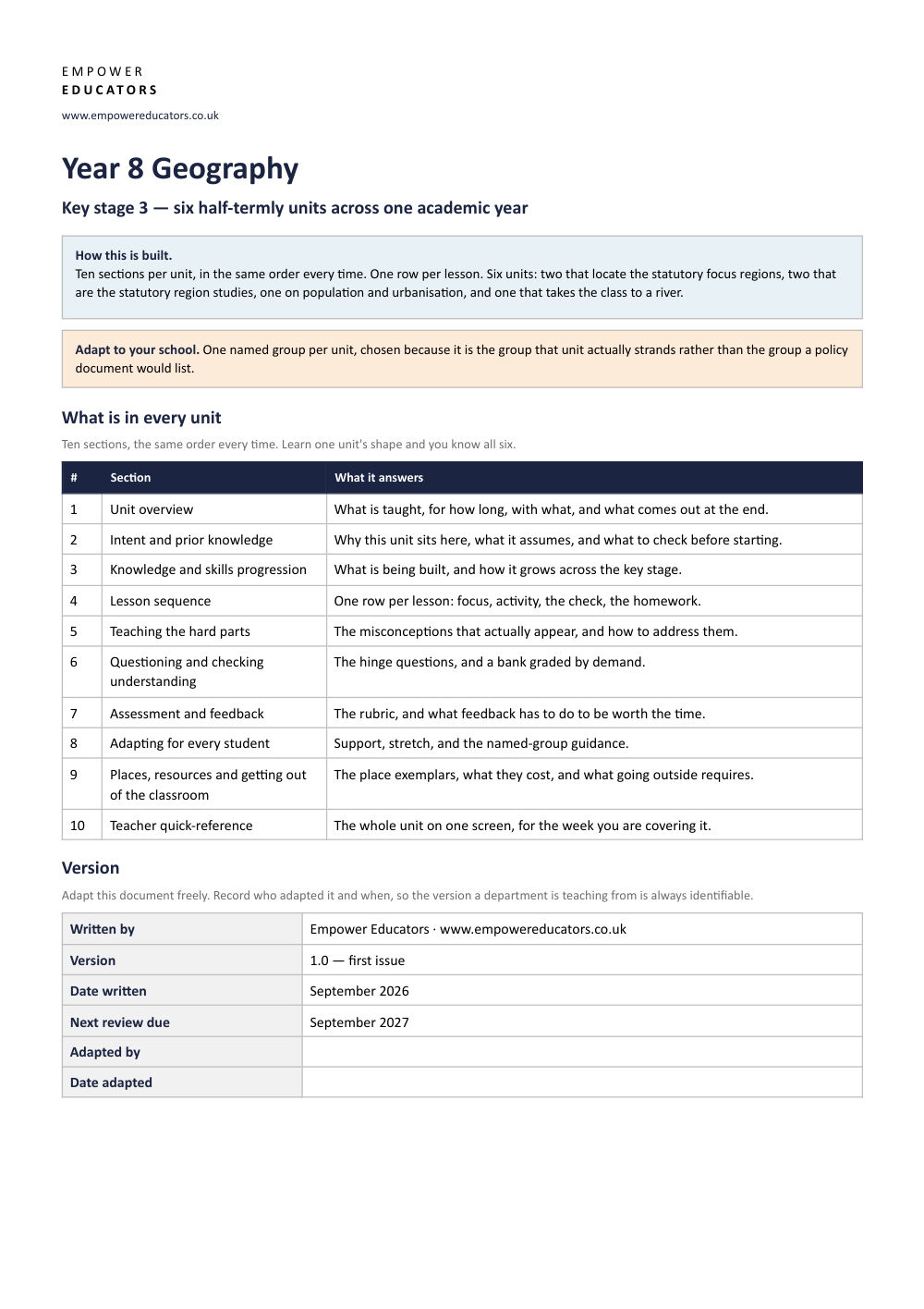 Page 1 of Year 8 Geography Scheme of Work
