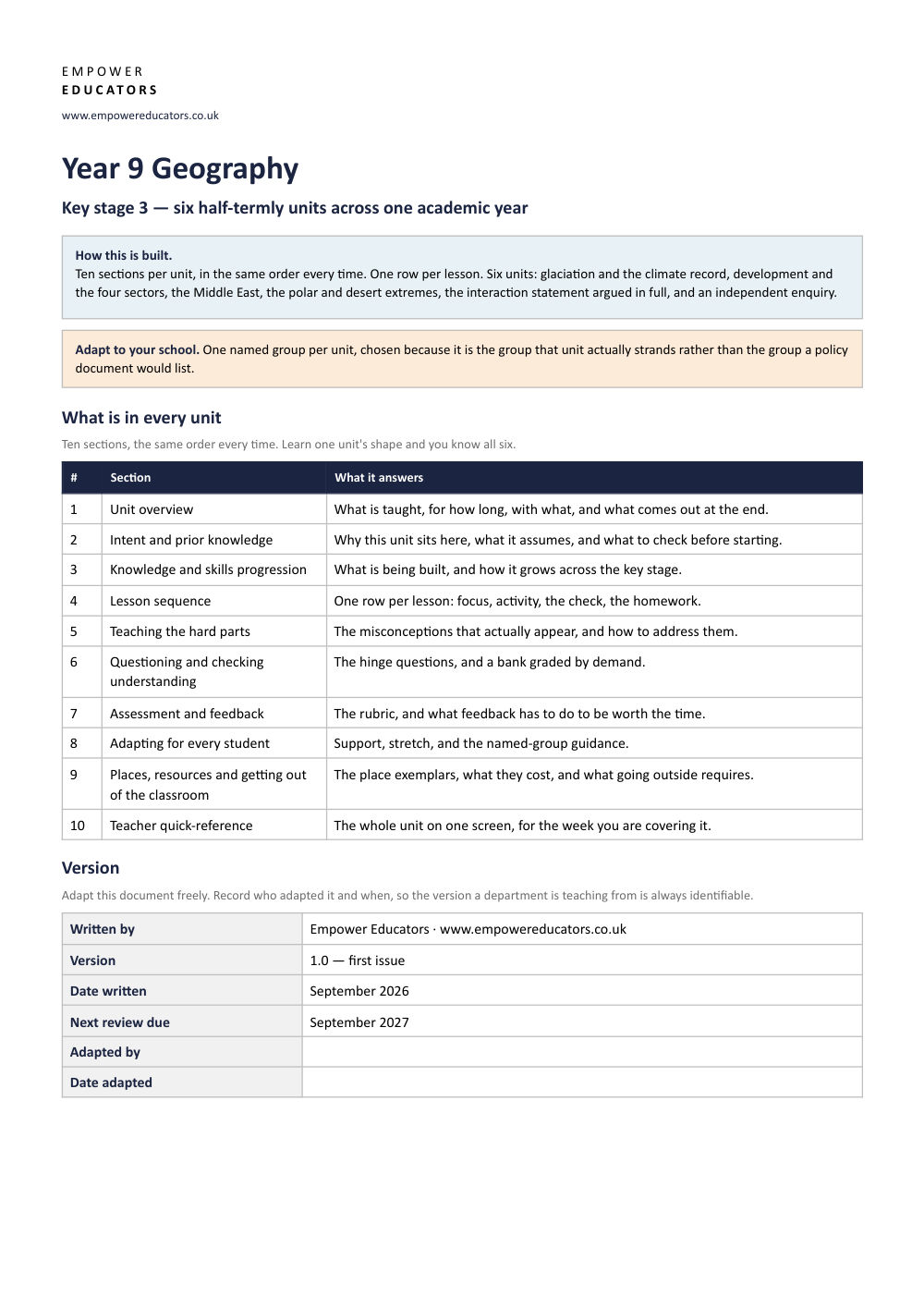 Page 1 of Year 9 Geography Scheme of Work