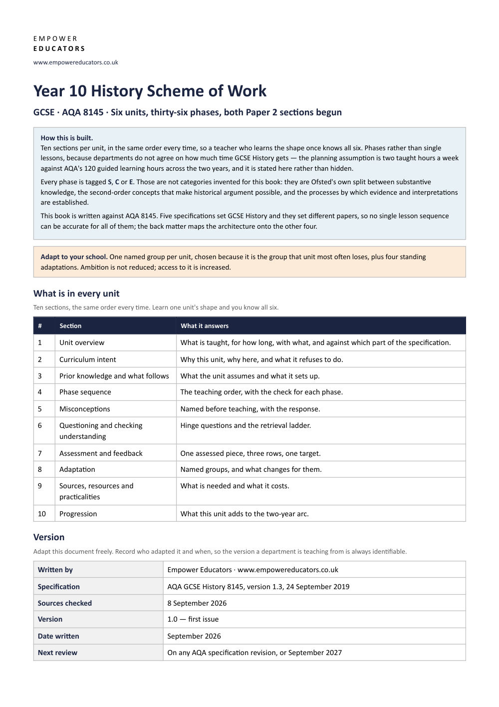 Page 1 of Year 10 History Scheme of Work