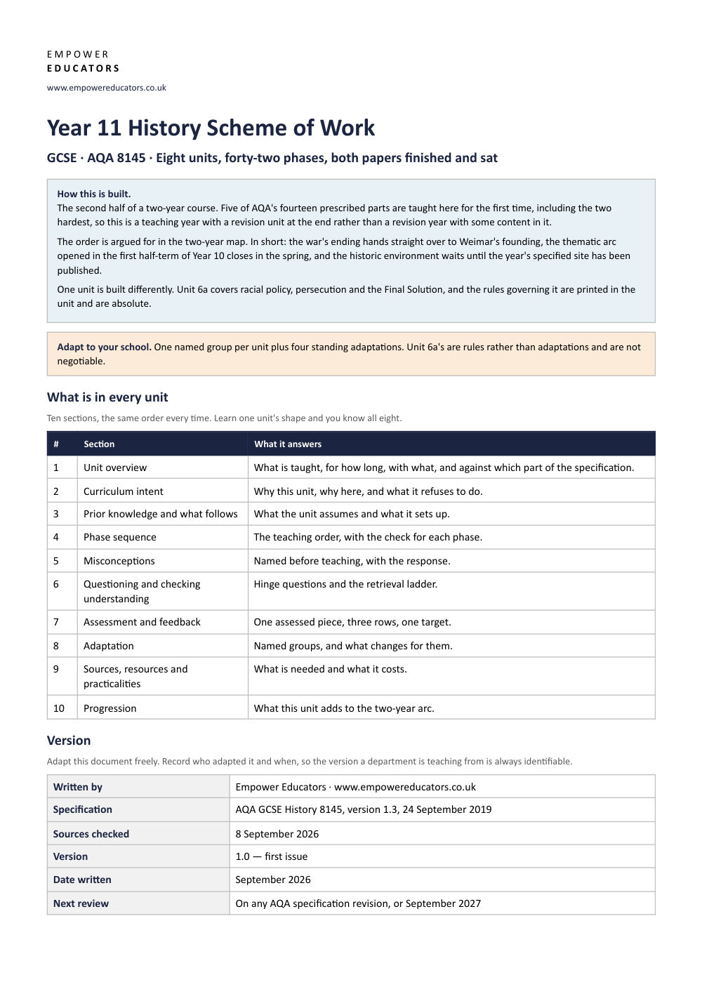 Page 1 of Year 11 History Scheme of Work
