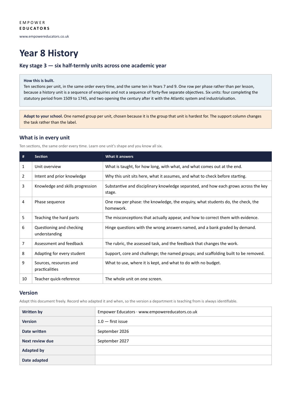 Page 1 of Year 8 History Scheme of Work