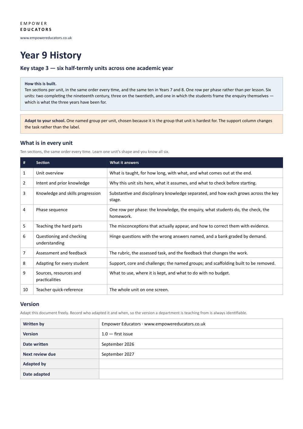 Page 1 of Year 9 History Scheme of Work