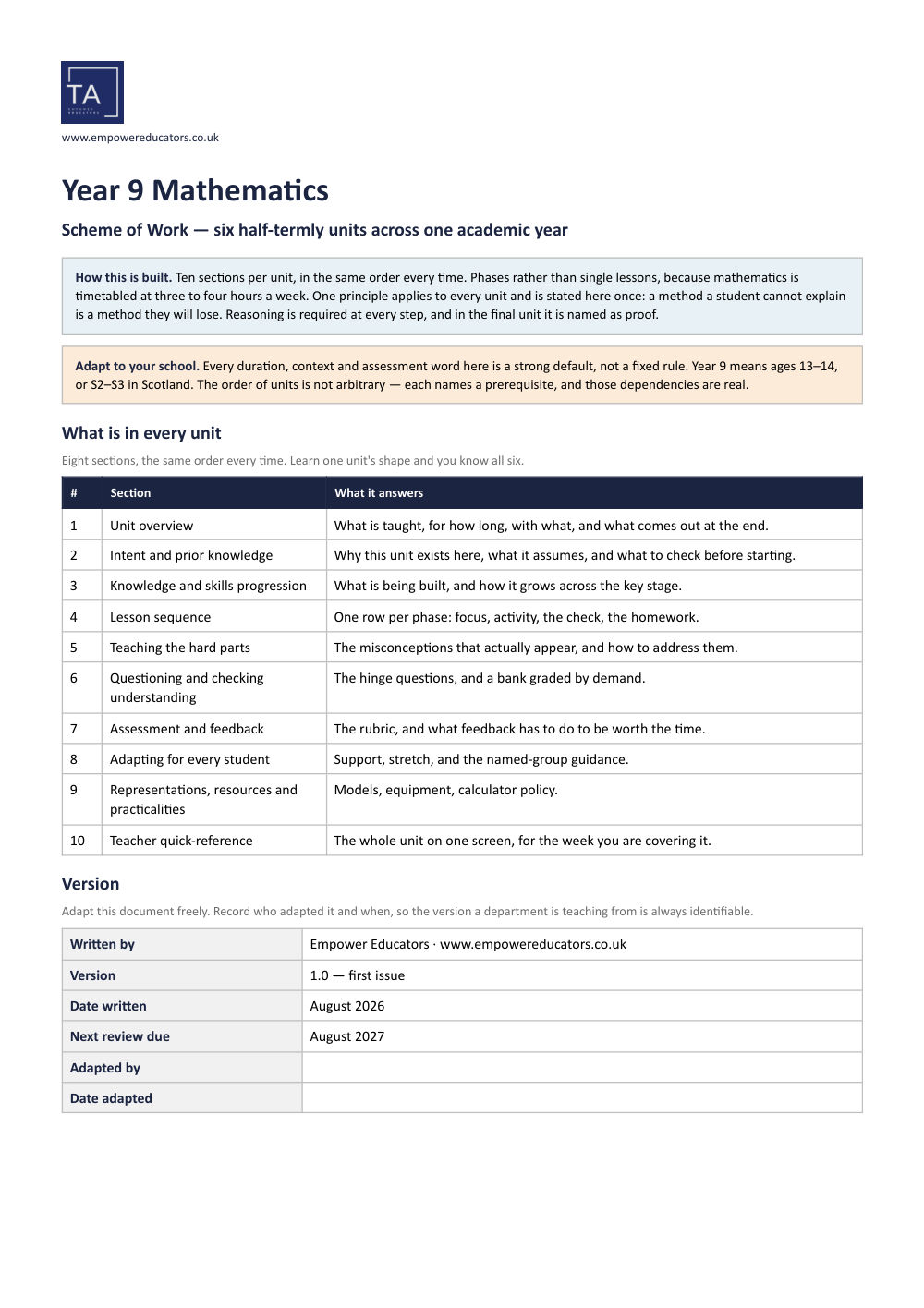 Page 1 of Year 9 Mathematics