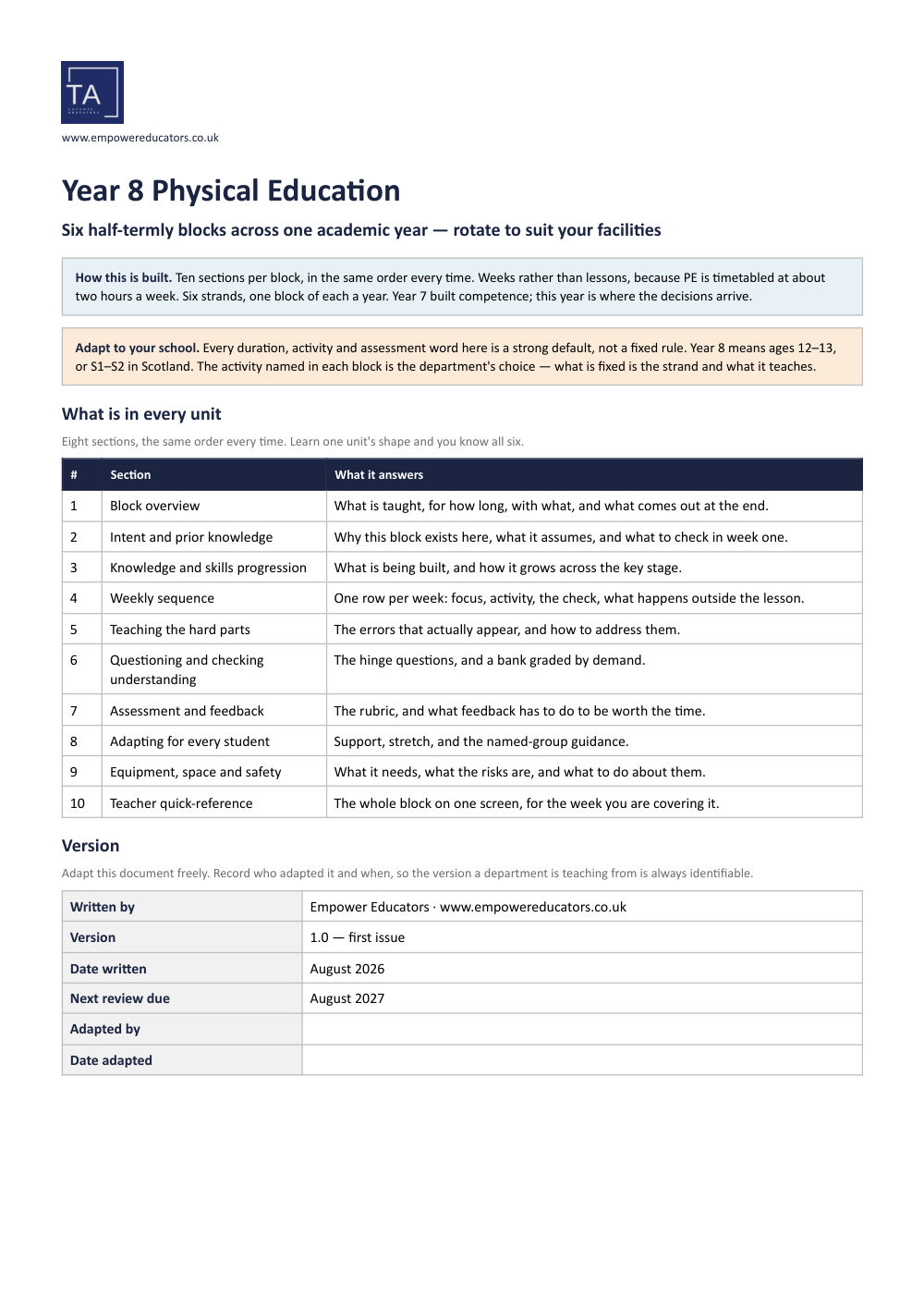 Page 1 of Year 8 Physical Education