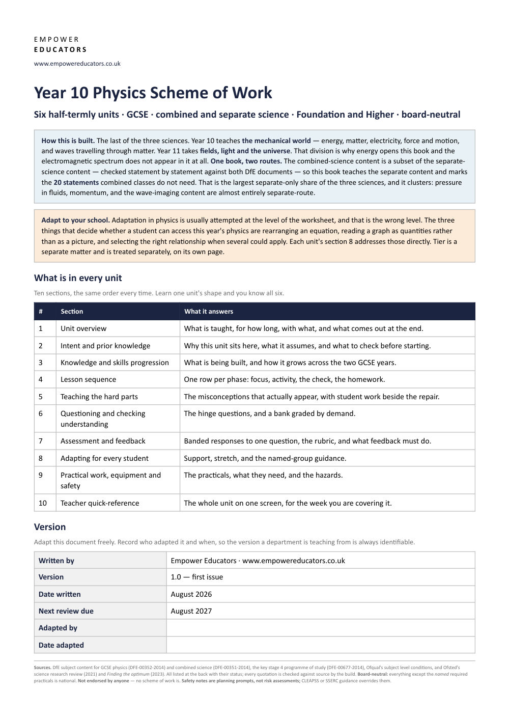 Page 1 of Year 10 Physics Scheme of Work