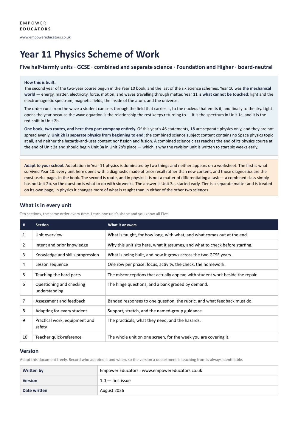 Page 1 of Year 11 Physics Scheme of Work