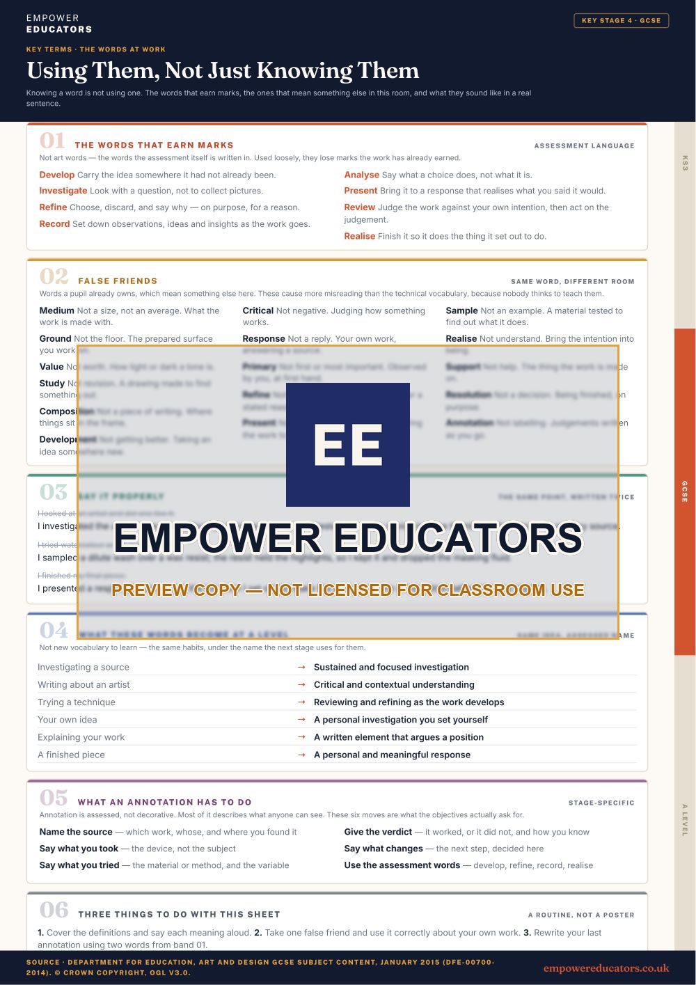 GCSE · the words at work: The words that earn marks; false friends; say it properly; what these words become next · Art and Design Key Terms, page 9
