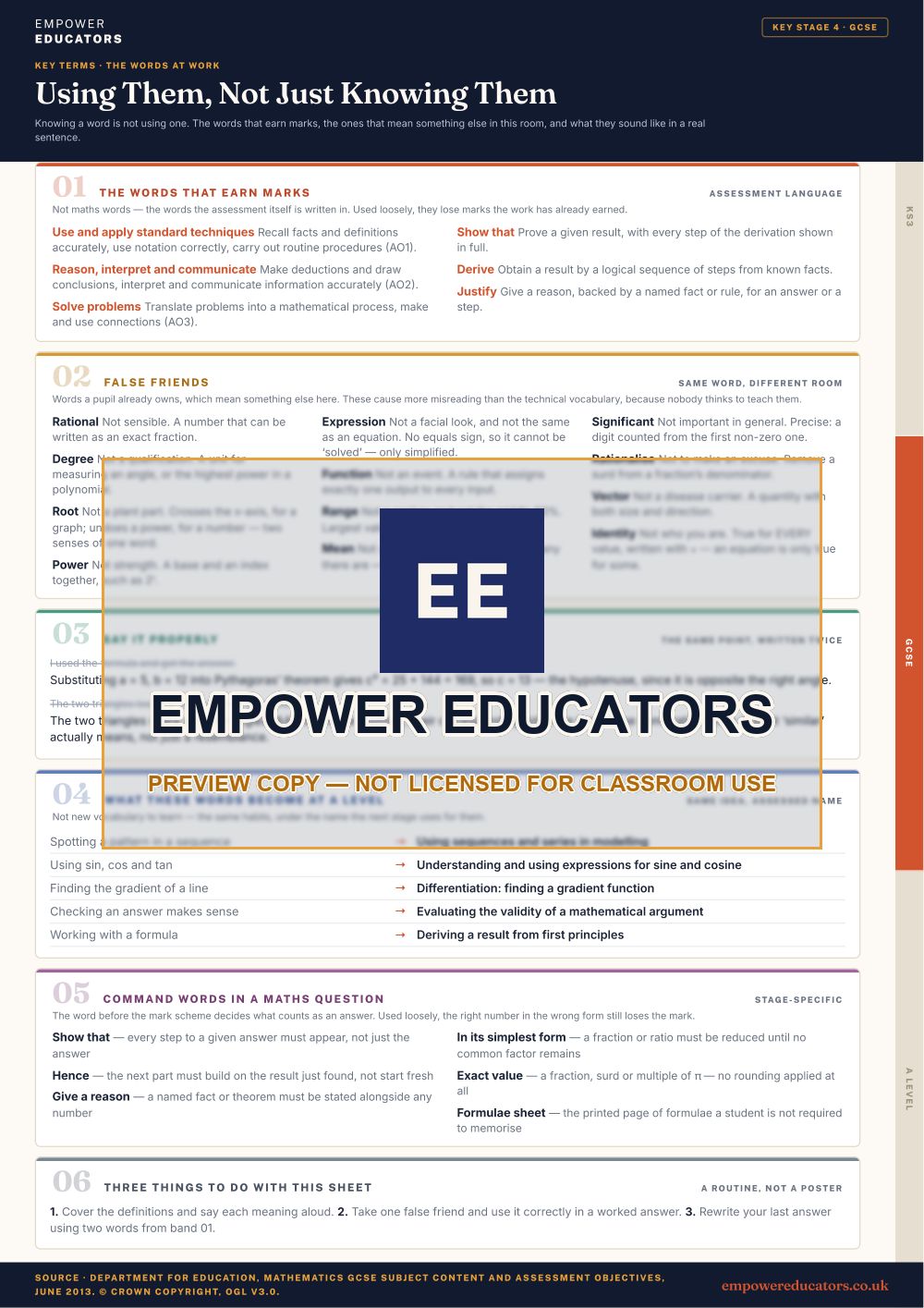 GCSE · the words at work: The words that earn marks; false friends; say it properly; what these words become next · Mathematics Key Terms, page 10